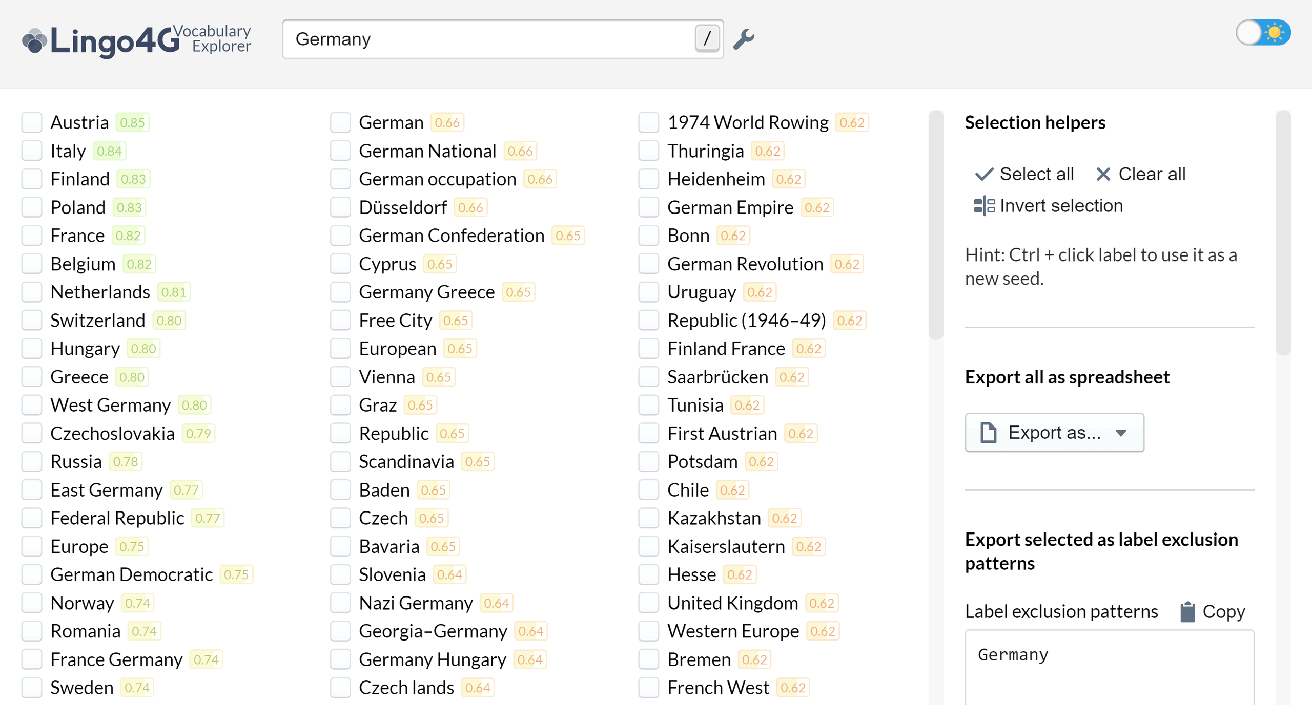 A list of labels semantically similar to Germany, based on English Wikipedia.