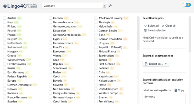 A list of labels semantically similar to Germany, based on English Wikipedia.