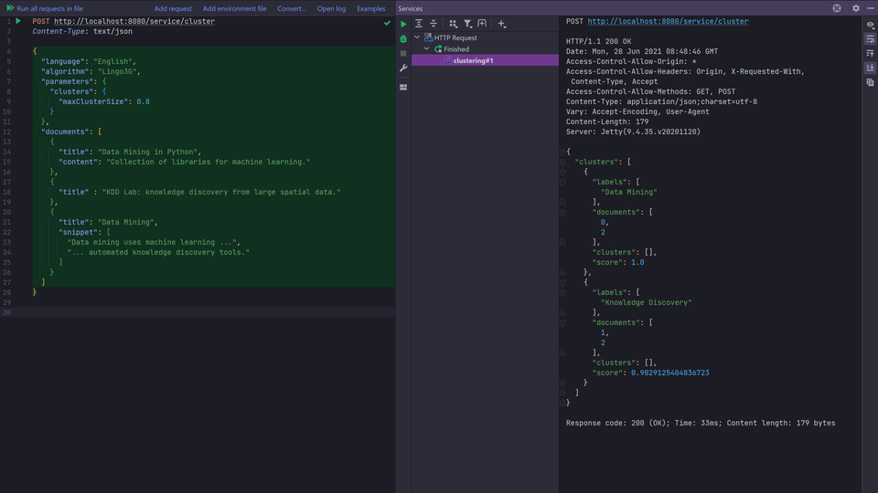 Example Lingo3G REST API request and response.